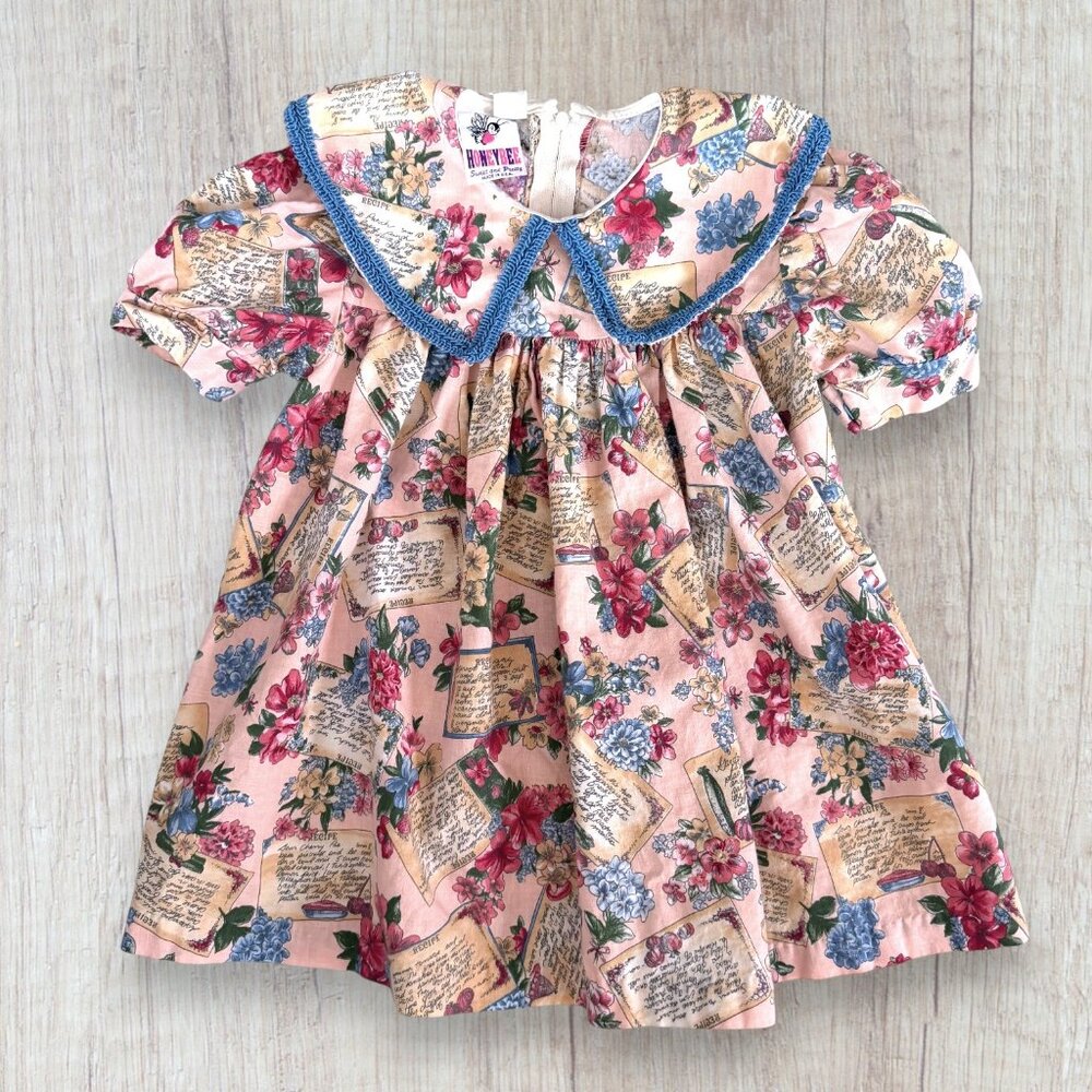 Vintage 90s Honeybee Floral Recipe Dress USA Peter Pan Collar 4 Boutique Puff
